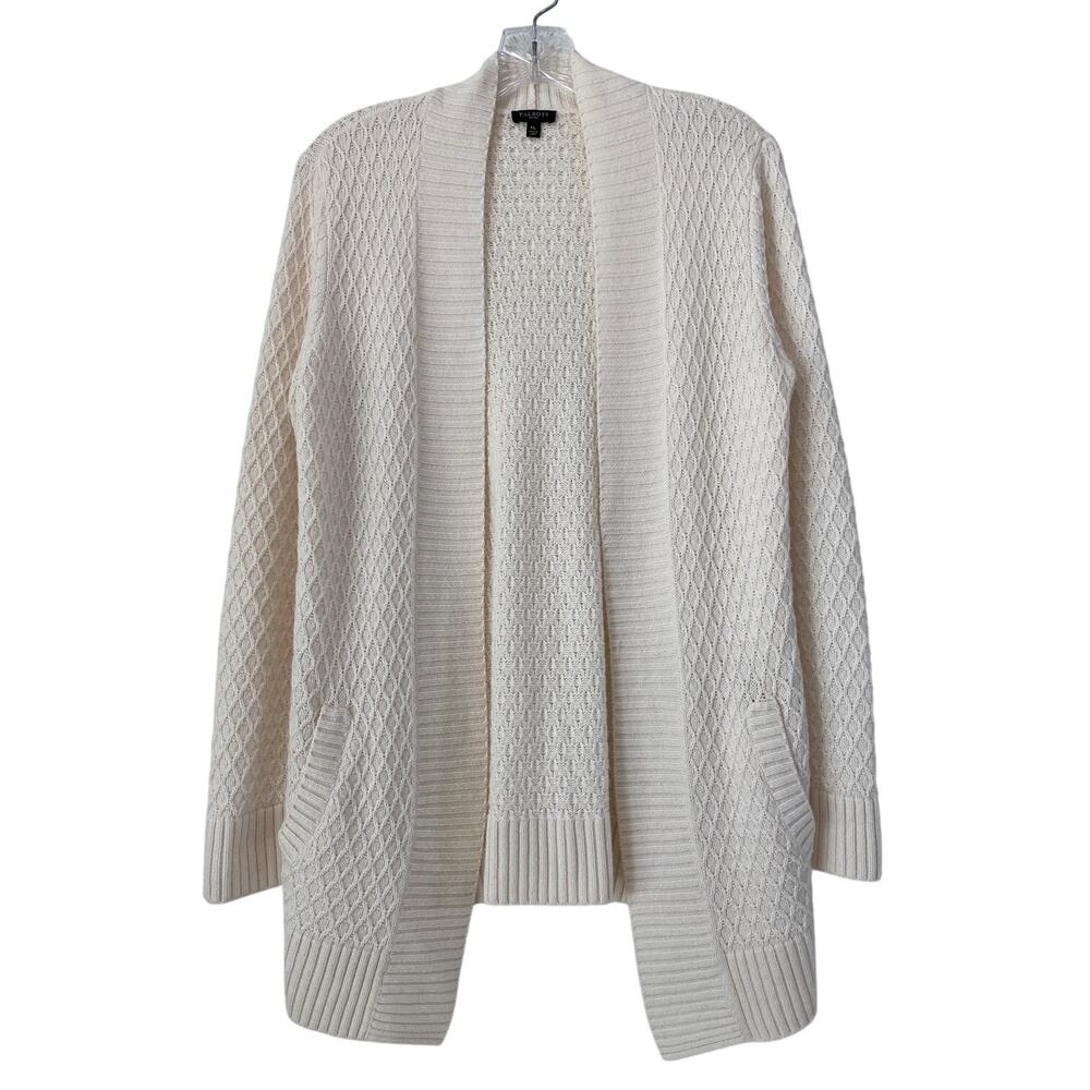 Talbots Lambswool Blend Fisherman Knit Cardigan Sweater Size MP Cream Old Money
